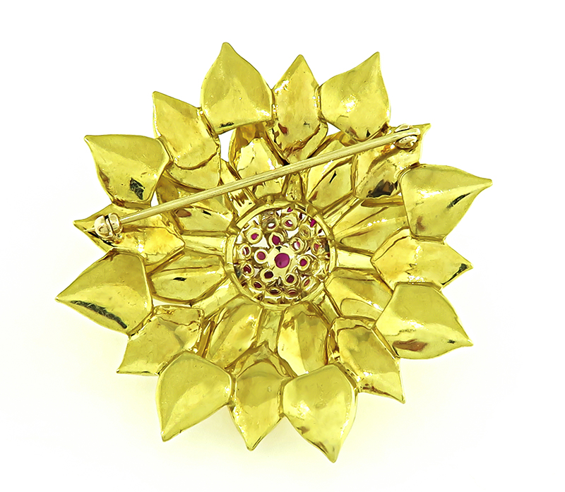 Estate 1.50ct Ruby Gold Flower Pin