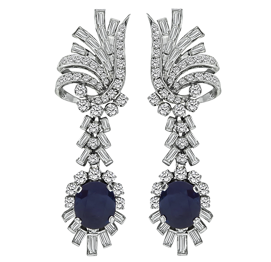 Vintage 6.00ct Sapphire 3.00ct Diamond Dangling Earrings