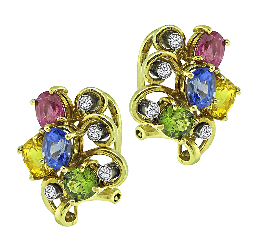 Estate 6.00ct Multi Color Sapphire Diamond Earrings