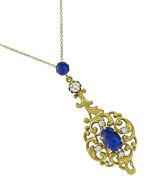 Vintage 3.00ct Sapphire 0.30ct Diamond Pendant Necklace
