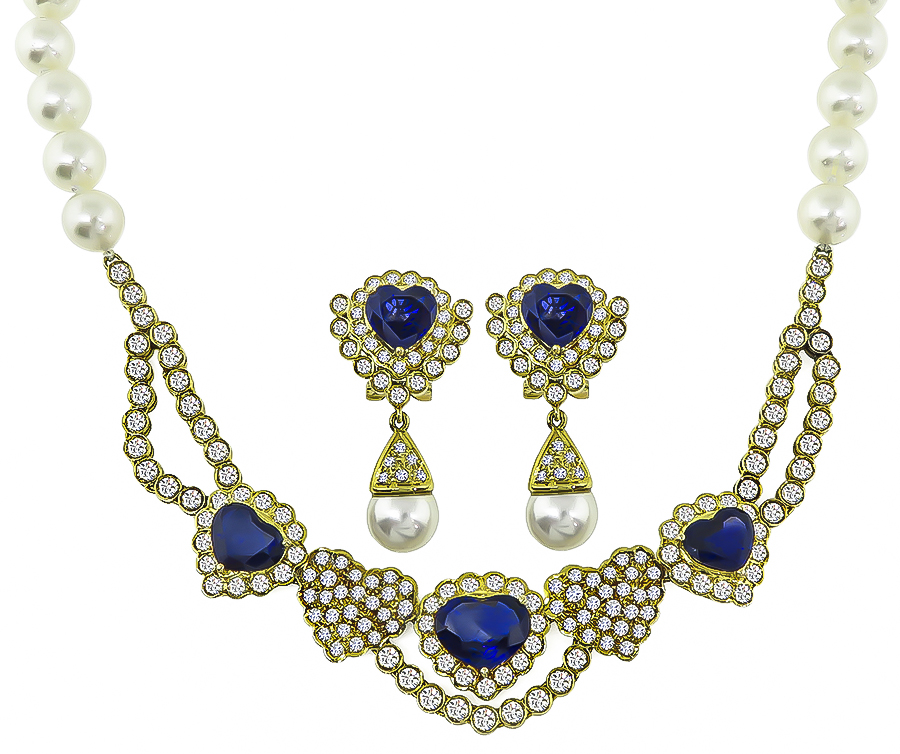 Estate 9.00ct Sapphire 7.00ct Diamond Heart Necklace and Earrings Set