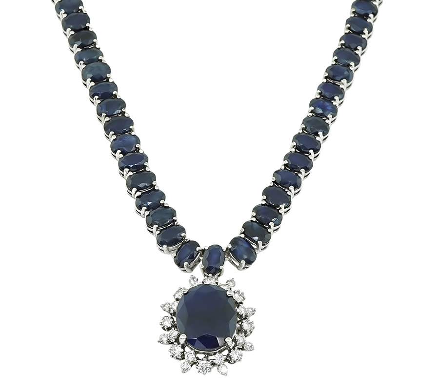 Estate 77.00ct Sapphire 0.65ct Diamond Pendant Necklace