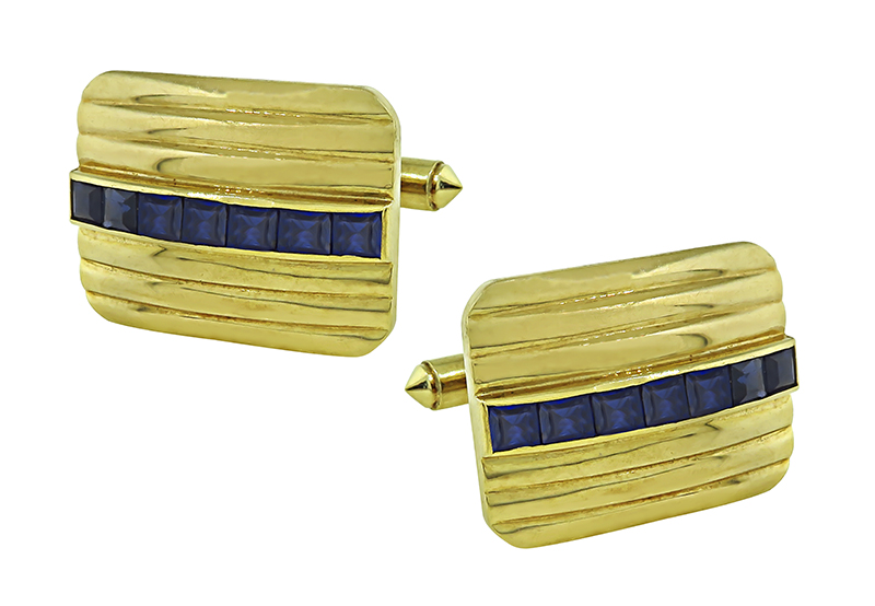 Vintage 1.50ct Sapphire Gold Cufflinks and Stud Set