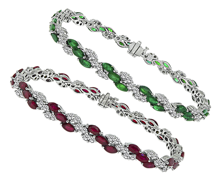 Estate Set of Two 7.50ct Diamond 4.00ct Emerald 5.00ct Ruby Bracelet
