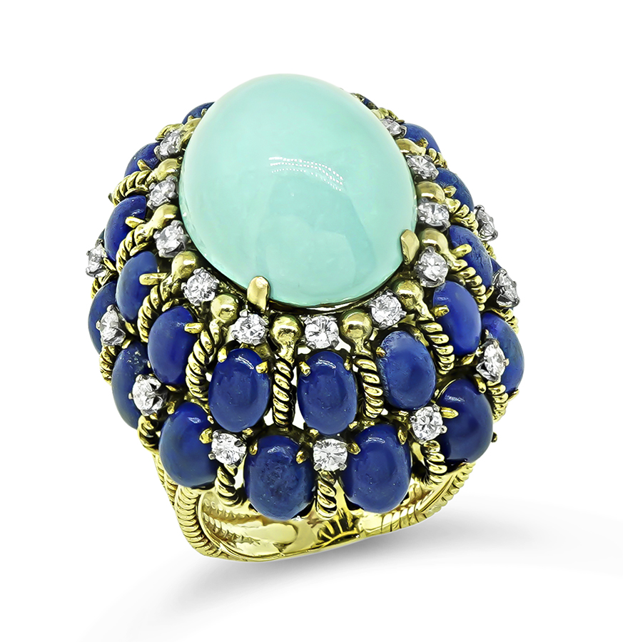 Vintage Persian Sleeping Beauty Turquoise Lapis Diamond Gold Ring