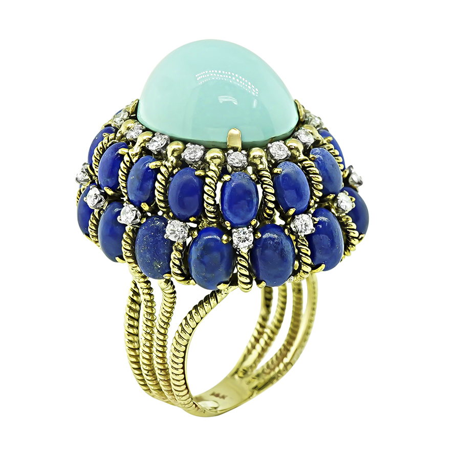 Vintage Persian Sleeping Beauty Turquoise Lapis Diamond Gold Ring