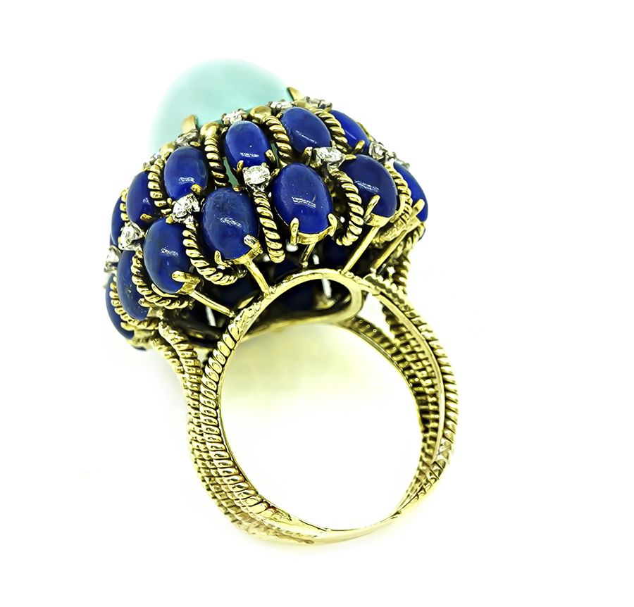 Vintage Persian Sleeping Beauty Turquoise Lapis Diamond Gold Ring