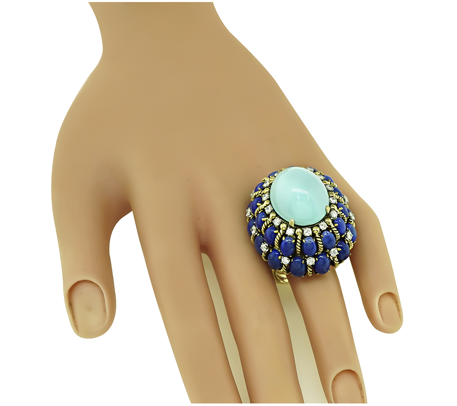 Vintage Persian Sleeping Beauty Turquoise Lapis Diamond Gold Ring