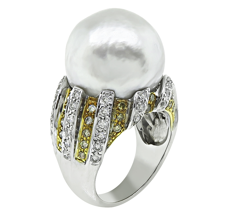 South Sea Pearl Round Cut White and Fancy Light Brown Diamond 18k Yellow and White Gold Ring