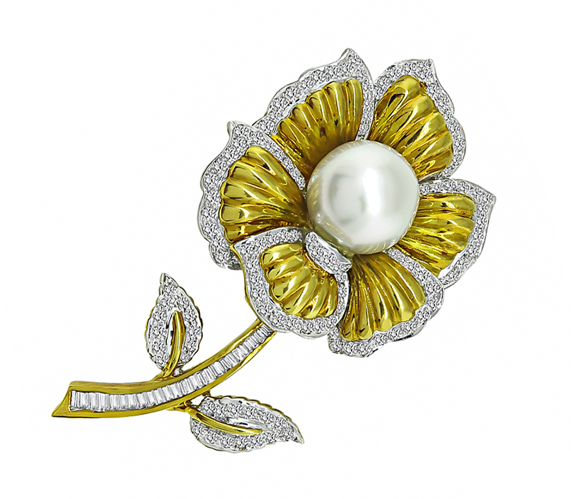 Estate South Sea Pearl 3.50ct Diamond Gold Flower Pin