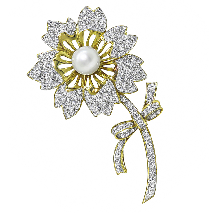 Estate South Sea Pearl 7.00ct Diamond Gold Flower Pin/Pendant