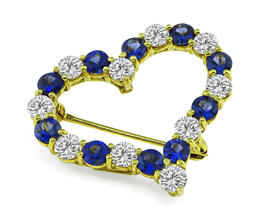 Estate Tiffany & Co 1.50ct Diamond 1.60ct Sapphire Gold Heart Pin