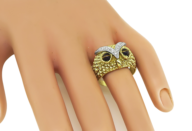Estate Tiger's Eye Diamond Gold Owl Ring