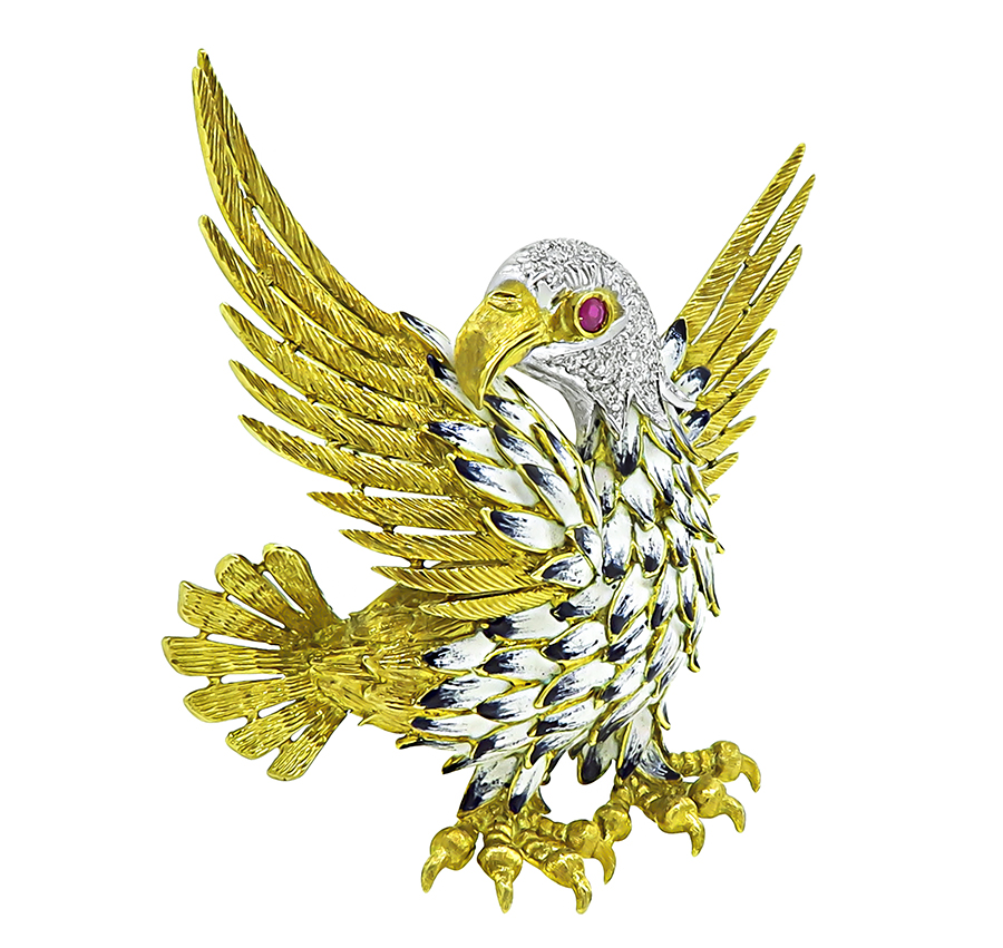 Vintage Toliro 1.50ct Diamond Enamel Gold Eagle Pin