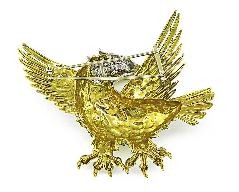 Vintage Toliro 1.50ct Diamond Enamel Gold Eagle Pin