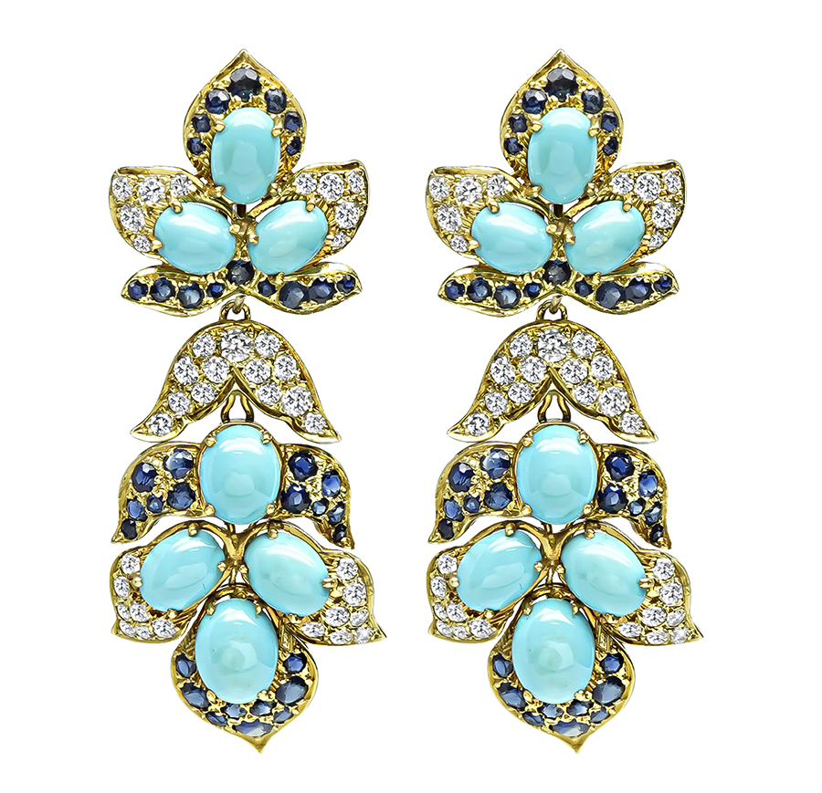 Estate Turquoise 3.50ct Sapphire 2.75ct Diamond Day and Night Earrings