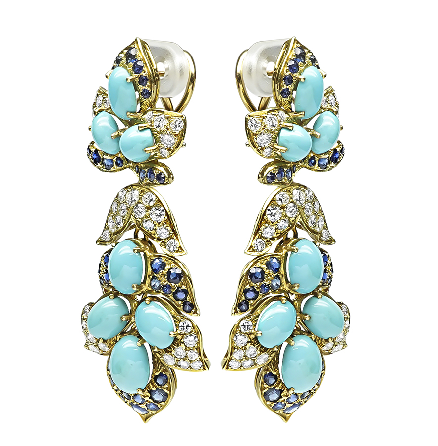 Estate Turquoise 3.50ct Sapphire 2.75ct Diamond Day and Night Earrings