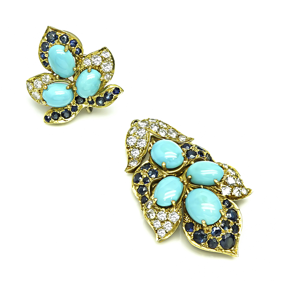 Estate Turquoise 3.50ct Sapphire 2.75ct Diamond Day and Night Earrings