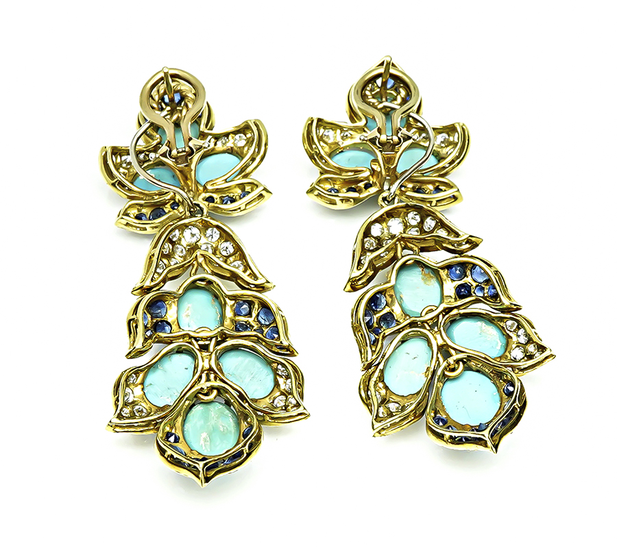 Estate Turquoise 3.50ct Sapphire 2.75ct Diamond Day and Night Earrings