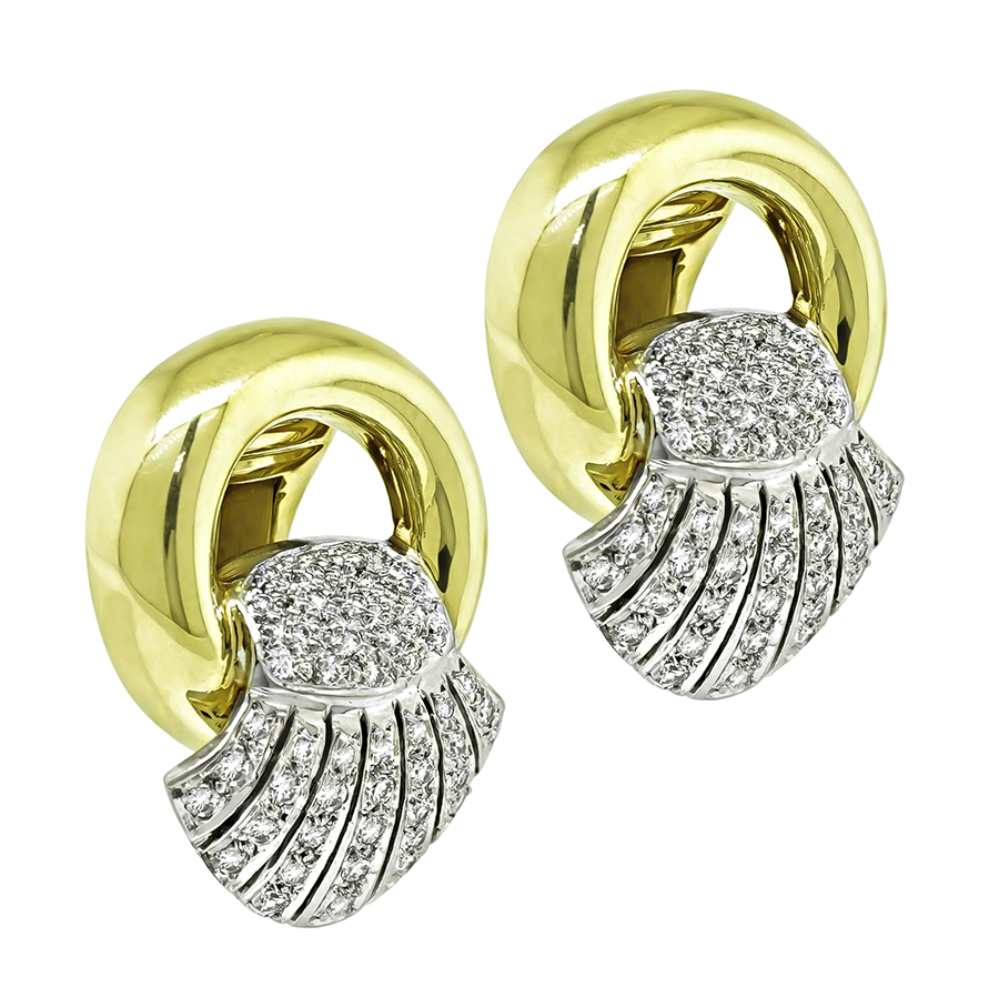 Estate 1.80ct Diamond Two Tone Gold Earrings