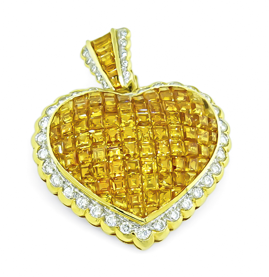 Estate 7.00ct Yellow Sapphire 3.00ct Diamond Gold Heart Pin / Pendant