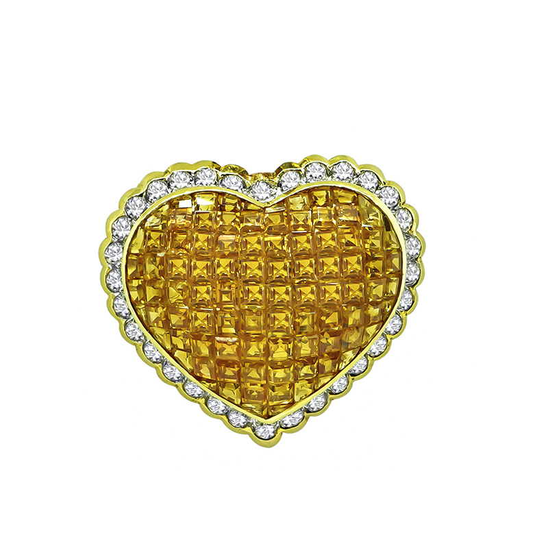 Estate 7.00ct Yellow Sapphire 3.00ct Diamond Gold Heart Pin / Pendant