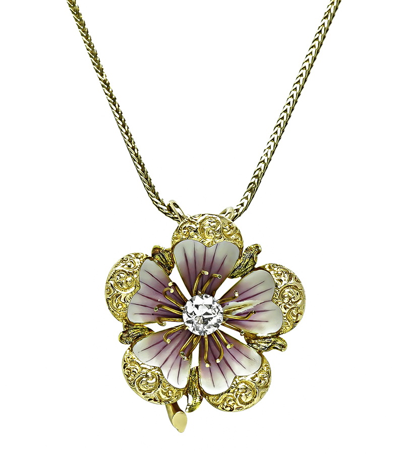 Victorian 0.65ct Diamond Enamel Gold Flower Pendant Necklace