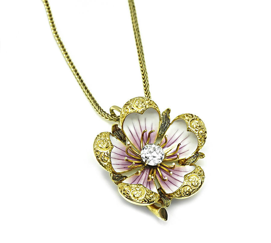 Victorian 0.65ct Diamond Enamel Gold Flower Pendant Necklace