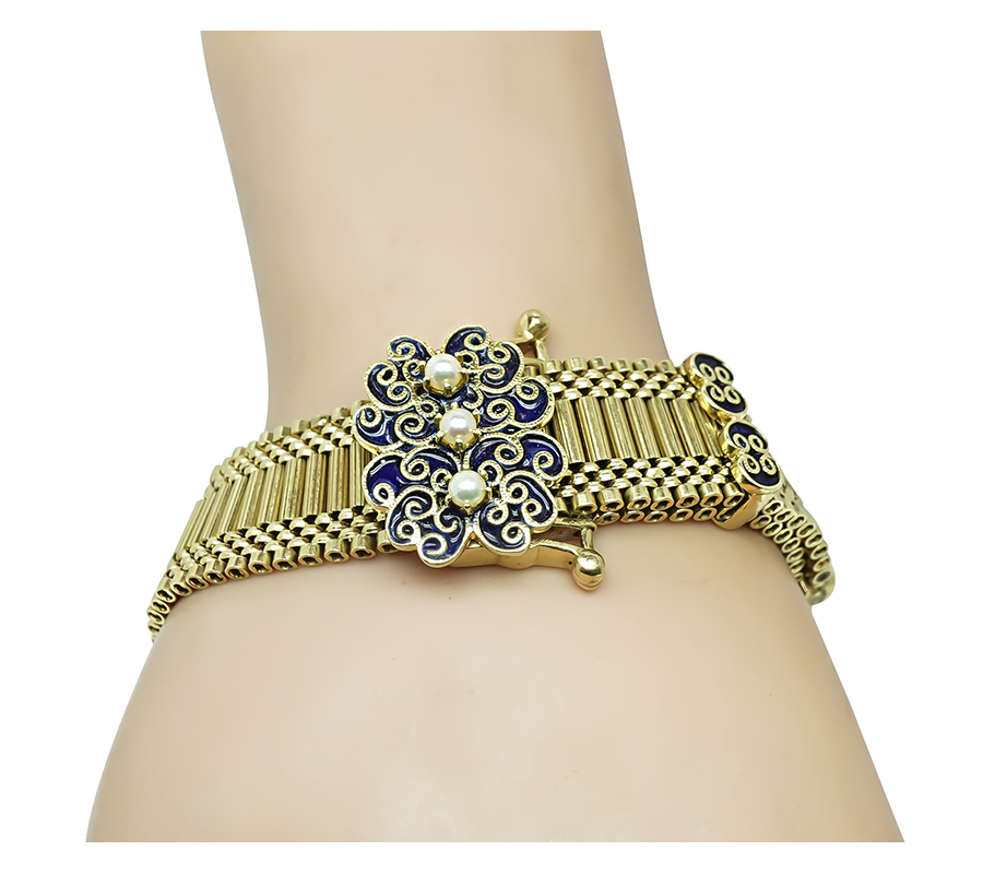 Victorian Enamel Pearl Gold Bracelet