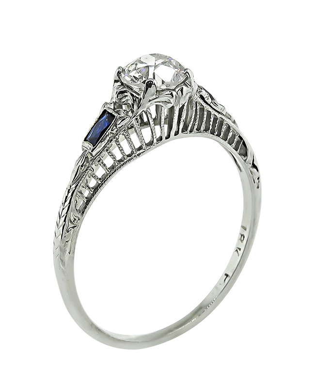 Art Deco Old Mine Cut Diamond Sapphire 18k White Gold Engagement Ring