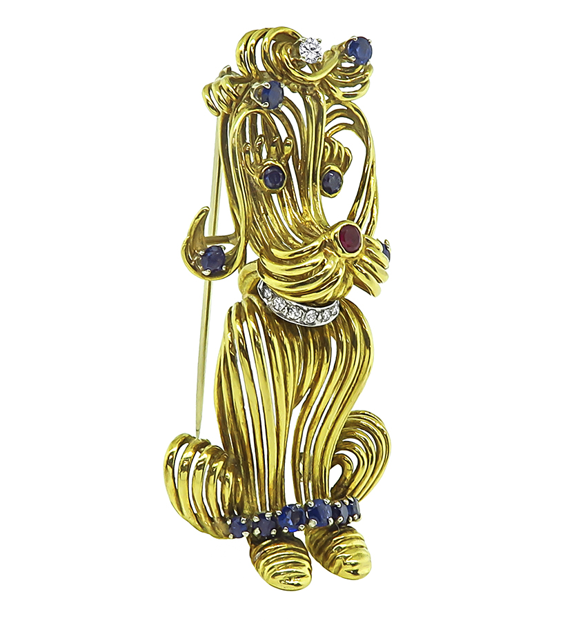 1960s 1.00ct Sapphire Diamond Ruby Gold Dog Pin