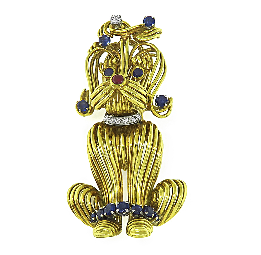 1960s 1.00ct Sapphire Diamond Ruby Gold Dog Pin