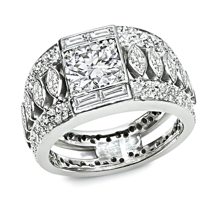1950s 1.29ct Center Diamond 2.00ct Side Diamond Platinum Ring
