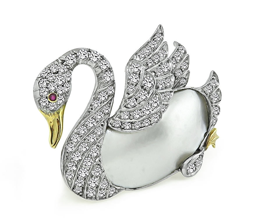 Vintage Mother of Pearl 1.50ct Diamond Swan Pin
