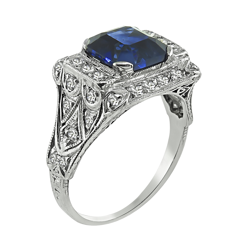 Art Deco 2.87ct Ceylon Sapphire 0.60ct Diamond Engagement Ring