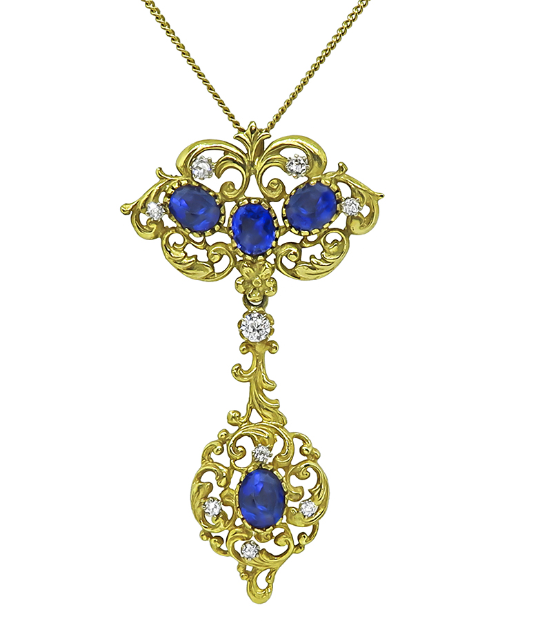 Vintage 6.50ct Sapphire 0.50ct Diamond Gold Pendant Necklace