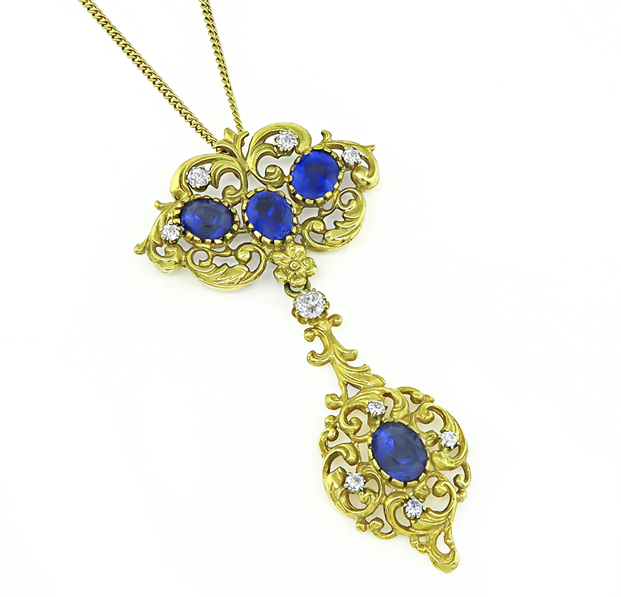 Vintage 6.50ct Sapphire 0.50ct Diamond Gold Pendant Necklace