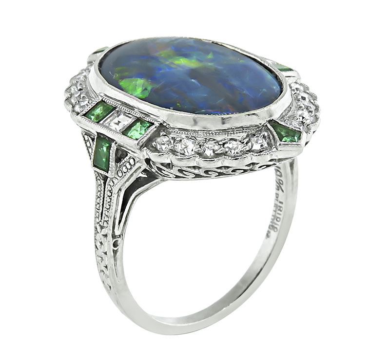 Vintage Black Opal Diamond Emerald Ring