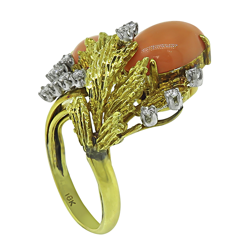 Vintage Coral 0.60ct Diamond Gold Ring