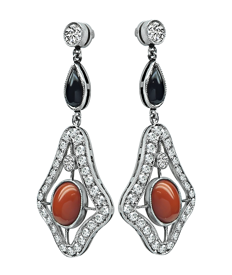 Art Deco 1.00ct Diamond Coral Onyx Dangling Earrings