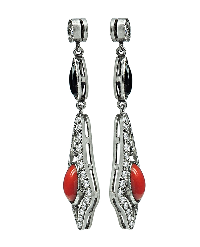 Art Deco 1.00ct Diamond Coral Onyx Dangling Earrings