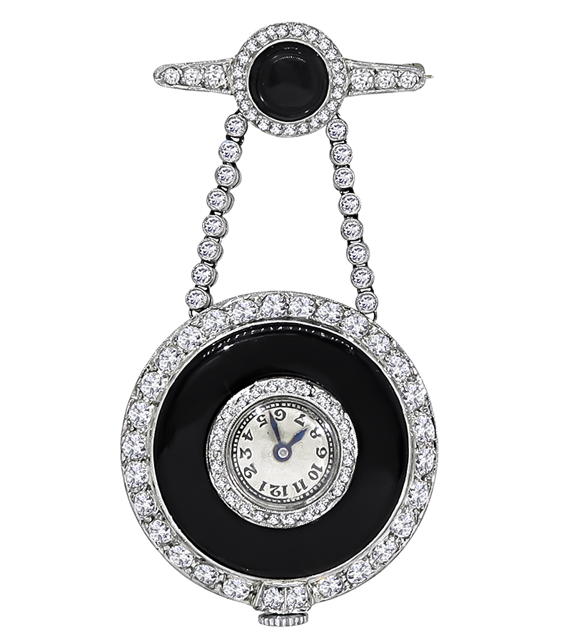 Art Deco 3.80ct Diamond Onyx Pocket Watch / Pin