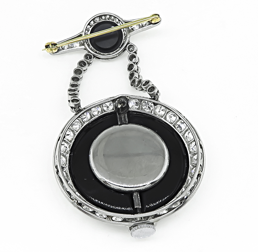 Art Deco 3.80ct Diamond Onyx Pocket Watch / Pin