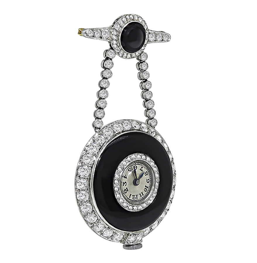 Art Deco 3.80ct Diamond Onyx Pocket Watch / Pin