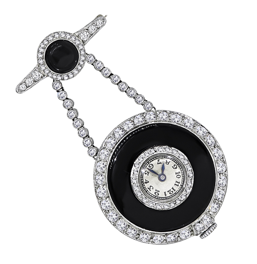 Art Deco 3.80ct Diamond Onyx Pocket Watch / Pin