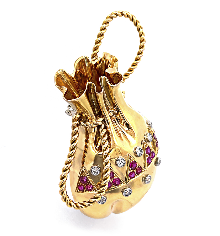 1950s 0.80ct Diamond Ruby Gold Money Bag Pin