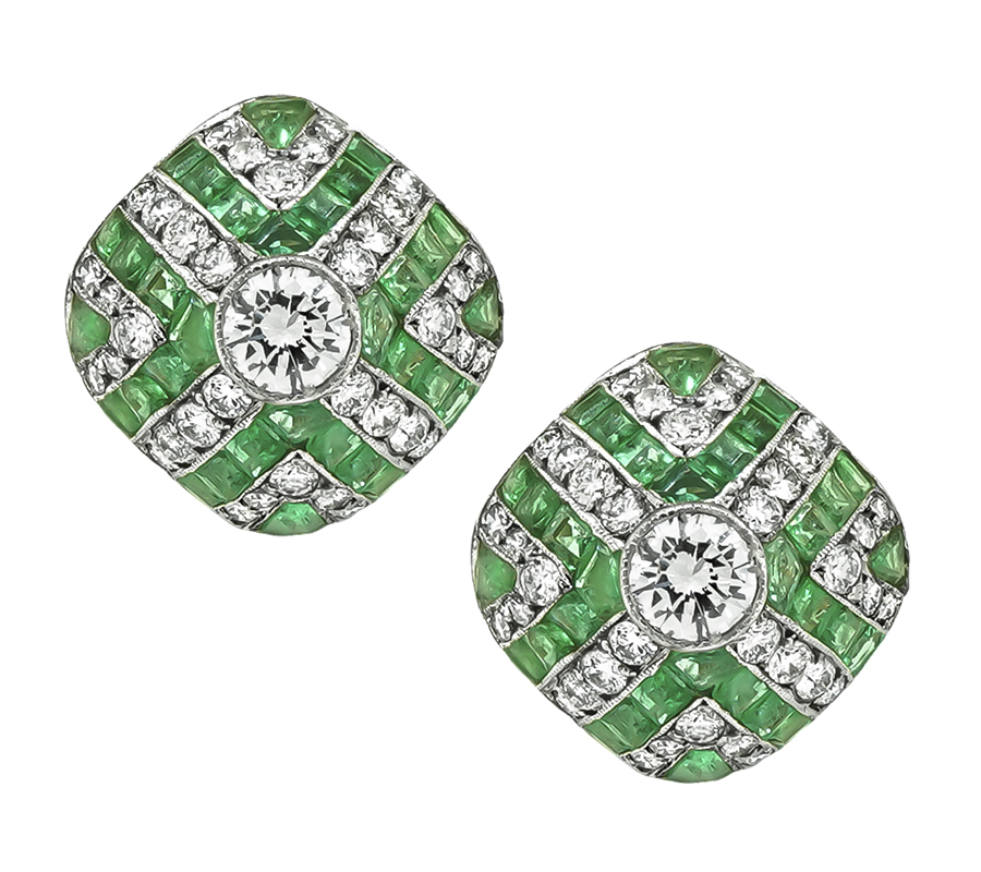 Art Deco 3.75ct Diamond 1.75ct Emerald Earrings