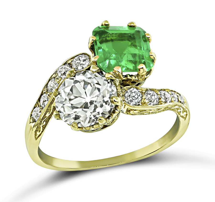 Vintage GIA Certified 1.33ct Diamond 1.50ct Colombian Emerald Crossover Ring