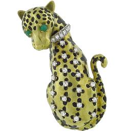 18k yellow gold enamel leopard diamond and emerald  pin 1