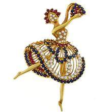 diamond, ruby & sapphire 18k Yellow gold ballerina pin/ pendant 1